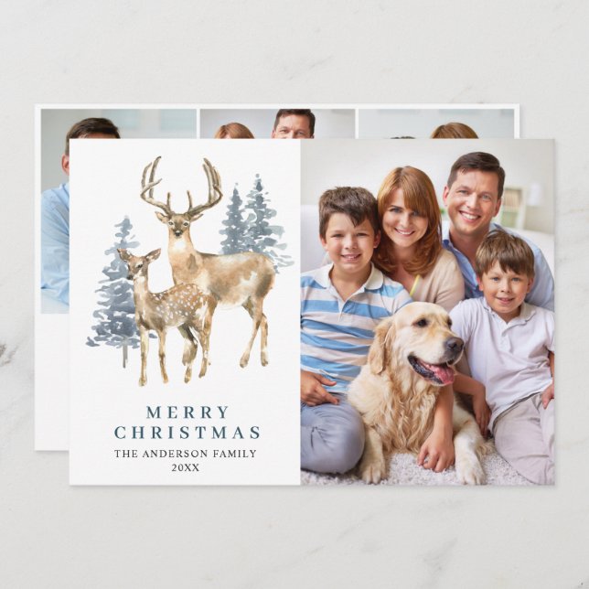 4 PHOTO-Julen Elegant Hjort Gräs Träd Julkort (Fram/baksida)