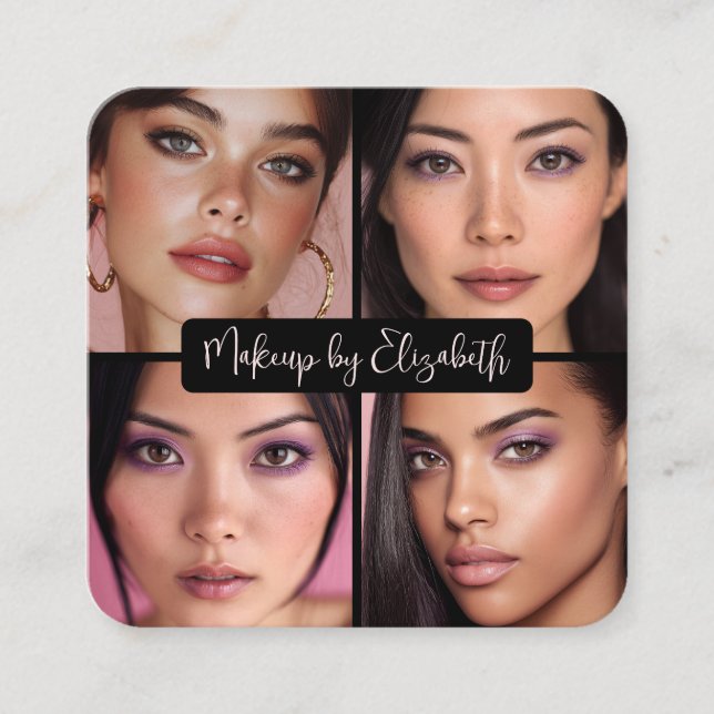 4 Photo Makeup Blush Pink Script Black QR Code Fyrkantigt Visitkort (Framsida)