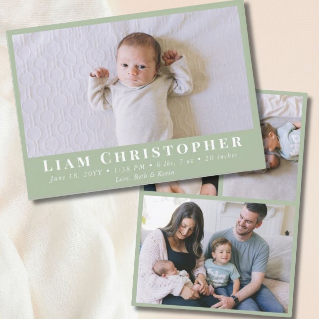 4 Photo Modern Minimal Sage Grönt Simple Birth Meddelande (4 Photo Modern Minimal Sage Green Simple Birth Announcement
)