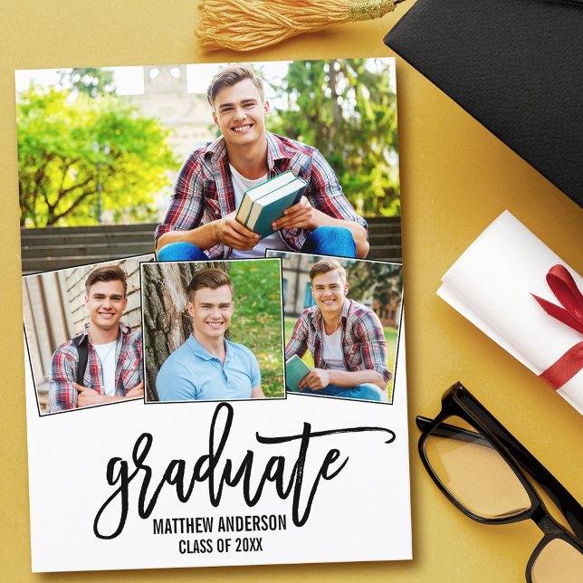 4 Photo Modern Penselskript, Studentfest Inbjudan Vykort (Customize to change your personalized text size or text style.)
