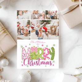 4 Photo Pink Green Bow Tree Merry Christmas Julkort
