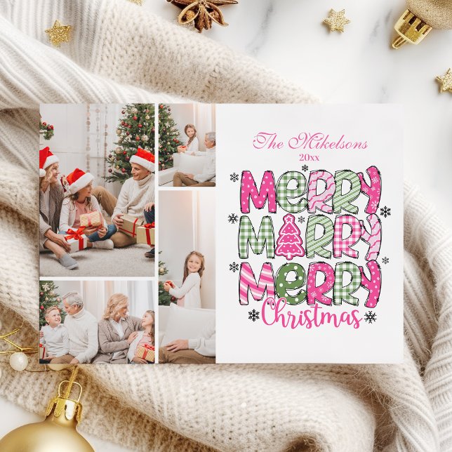 4 Photo Pink Green Merry Christmas Holiday Julkort (Skapare uppladdad)