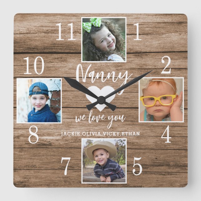 4 Photo Rustic Barn Wood Kärlek You Nanny Barnbarn Fyrkantig Klocka (Framsida)