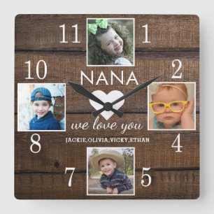 4 Photo Rustic Brown Wood Kärlek You Nana Barnbar Fyrkantig Klocka