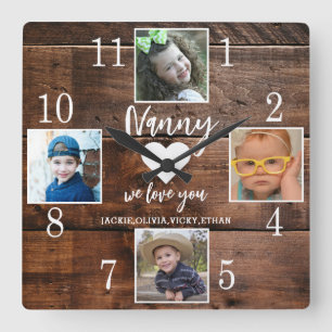 4 Photo Rustic Brown Wood Kärlek You Nanny Barnbar Fyrkantig Klocka