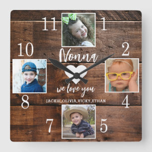 4 Photo Rustic Brown Wood Kärlek You Nonna Barnbar Fyrkantig Klocka