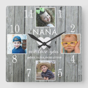 4 Photo Rustic Grått Wood Kärlek You Nana Barnbarn Fyrkantig Klocka