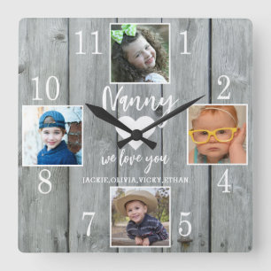 4 Photo Rustic Grått Wood Kärlek You Nanny Barnbar Fyrkantig Klocka