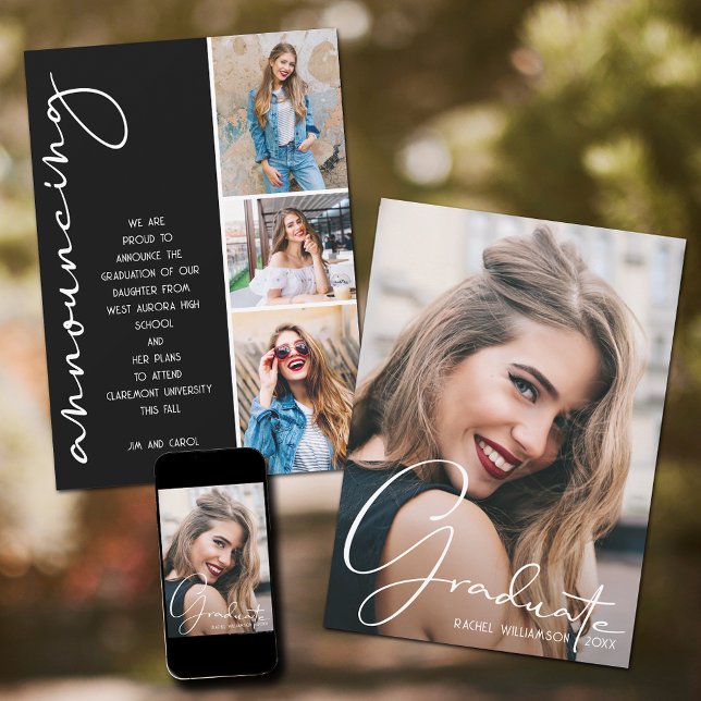 4 Photo Studenten Collage Black and White Script Meddelande (4 Photo Graduation Collage Black and White Script Announcements)