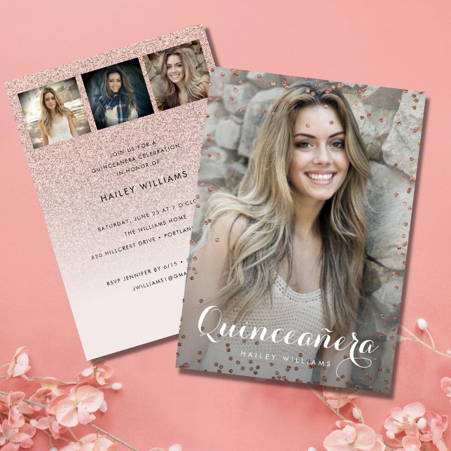 4 Photo Trendig Rosa Quinceañera Sweet 15 Party Inbjudningar (Skapare uppladdad)