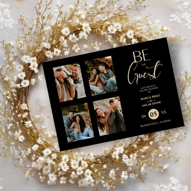 4 Photos Be our Guest Black Wedding Fancy Spara Datumet (4 Photos Be our Guest Black Wedding Fancy Save the Dates Cards with Envelope. )