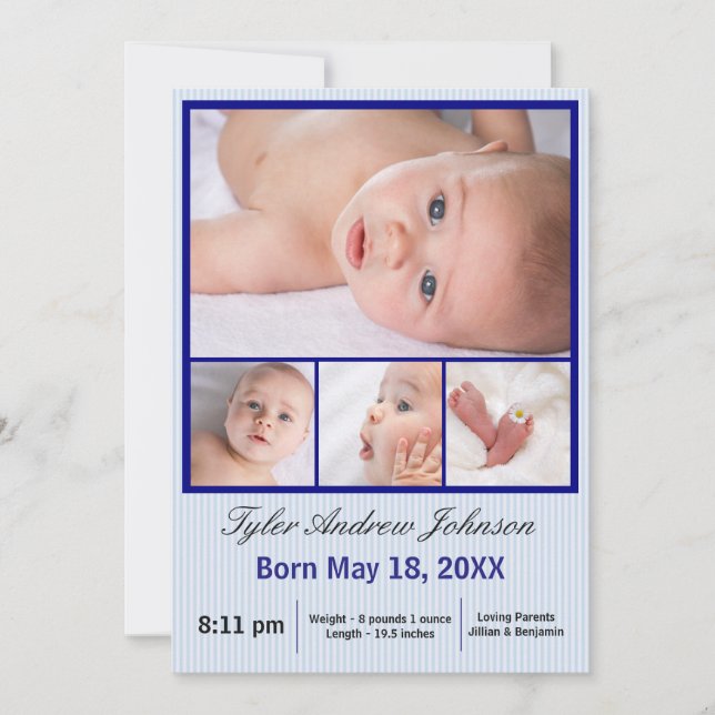 4 Photos Collage Blue Rand - Birth Notice Meddelande (Framsida)