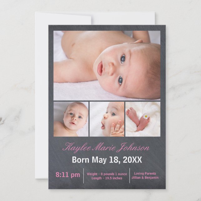 4 Photos Collage Chalkboard - födelsemeddelande Meddelande (Framsida)