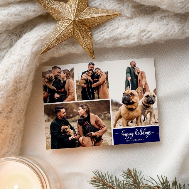 4 Photos Collage Glad helg Modern Navy Blue Vykort (Skapare uppladdad)