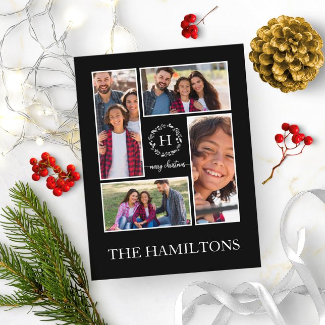 4 Photos Collage Monogram God jul Black Vykort (Skapare uppladdad)