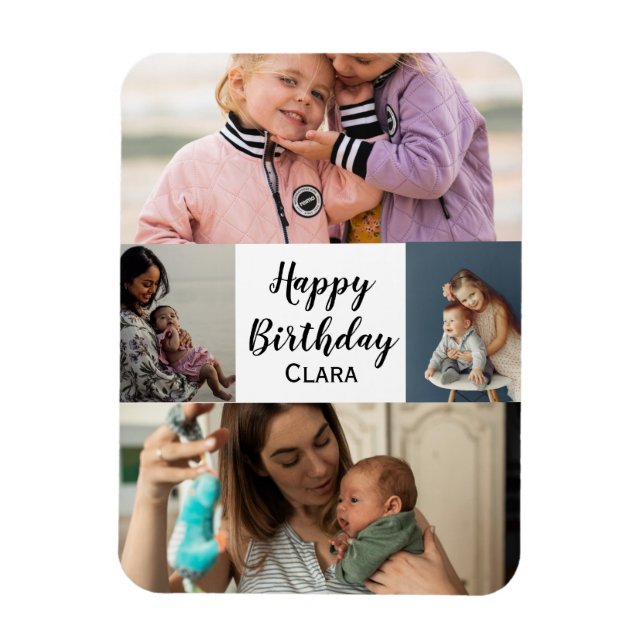 4 Photos Collage Personlig Script Birthday Magnet (Vertikal)