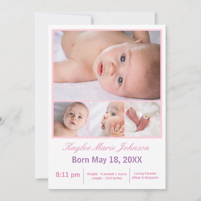 4 Photos Collage White/Rosa - Birth Notice Meddelande (Framsida)
