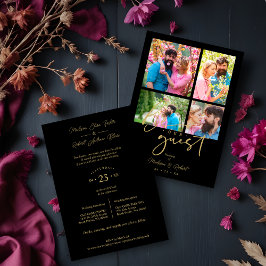 4 photos Fake Golden Black Trendy Collage Wedding Inbjudningar