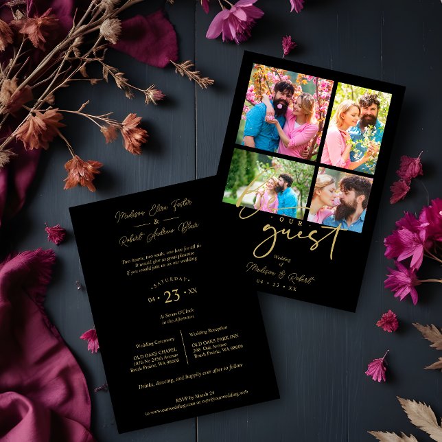 4 photos Fake Golden Black Trendy Collage Wedding Inbjudningar (4 photos Fake Golden Black Trendy Collage Wedding Invitation Card with Envelope. )