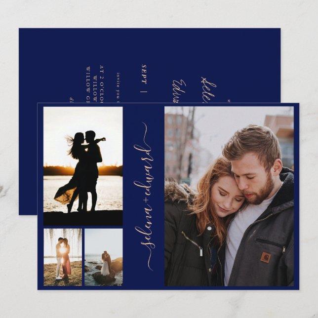 4 Photos Grid Navy Blue och Guld Script Bröllop Inbjudningar (Fram/baksida)