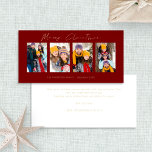 4 Photos Guld Script Burgundy God jul Julkort<br><div class="desc">4 Photos Guld Script Burgundy God jul. Tillgänglig digitalt och utskriven. Modern och minimalistisk,  med ett skript för snyggten för God jul. Byt ut provexemplaret bilder mot ditt eget roligt bilder och anpassa resten av orden på vardera sidan efter behov.</div>