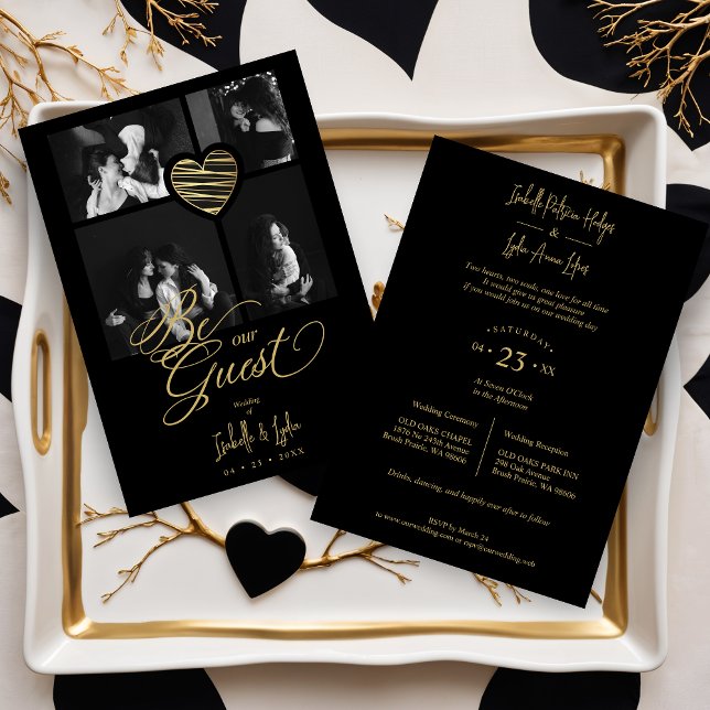 4 Photos Heart Fake Golden Black Trendy  Inbjudningar (Exquisite Collage 4 Photos Golden Stylish Heart Black Wedding Invitations Card with Elegant Script.)