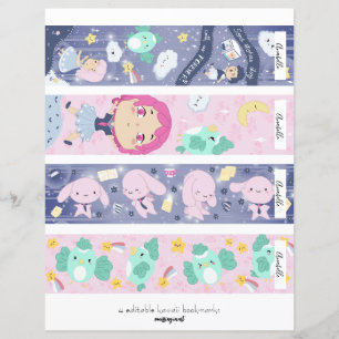 4 redigerbara Kawaii Blå & Rosa Bokmärke