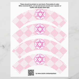 4 Rosa Girl Bat mitzvah Anpassningsbar Cupcoa Wrap Reklamblad