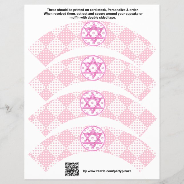 4 Rosa Girl Bat mitzvah Anpassningsbar Cupcoa Wrap Reklamblad (Framsidan)