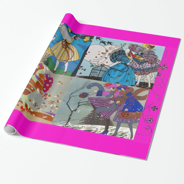 4 SEASONER ARTDECO BEAUTY MODE ILLUSTRATION,Rosa Presentpapper (Utrullad)