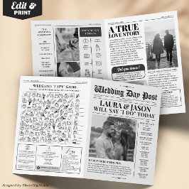 4-sidig Bröllopsprogram Unik Bröllop-tidning Kort