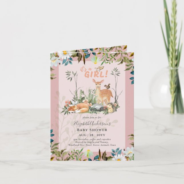 4 sidor Adsible GIRLS Woodland Hjort Baby Shower Inbjudan (Framsida)