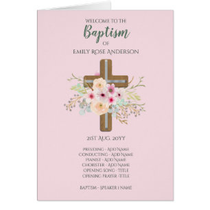 4 sidor BAPTISM-program - Blommigt Kor ROSA Hälsningskort