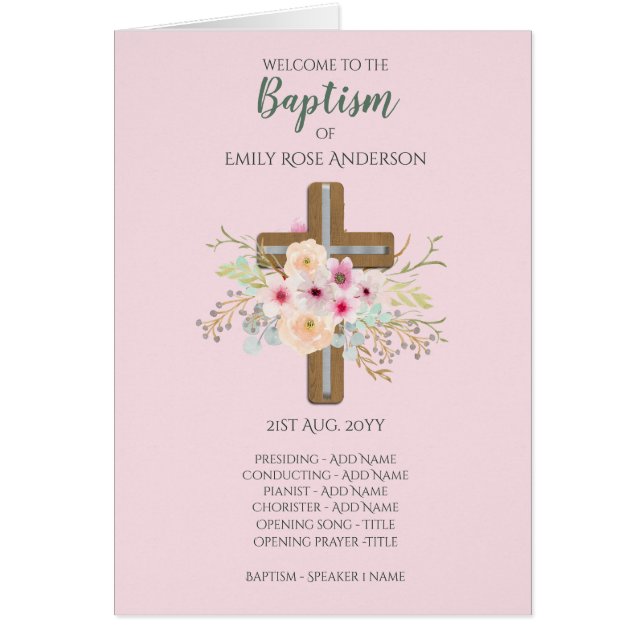 4 sidor BAPTISM-program - Blommigt Kor ROSA Hälsningskort (Framsidan)