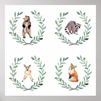4 Skogslevande Djur och Kranseaffisch Poster