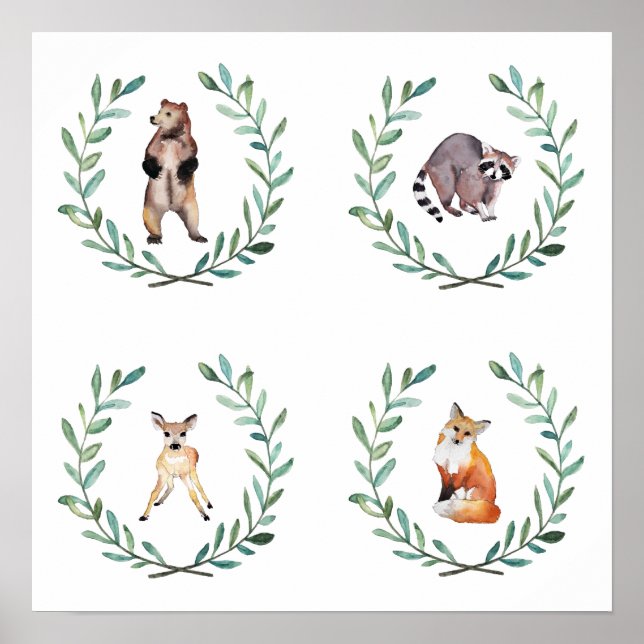 4 Skogslevande Djur och Kranseaffisch Poster (Framsidan)