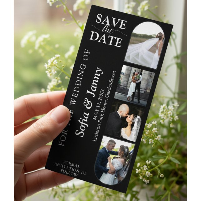 4 Spara Datum Bokmärke i Photo Booth Stil för Bröl Datumet (4 Photo Booth Style Wedding Save the Date Bookmark – Fun Arch Black Design)