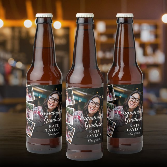 4 Studentfest för fotokollage Ölflaska Etikett (4 Photo Collage Graduation Party Beer Bottle Label)