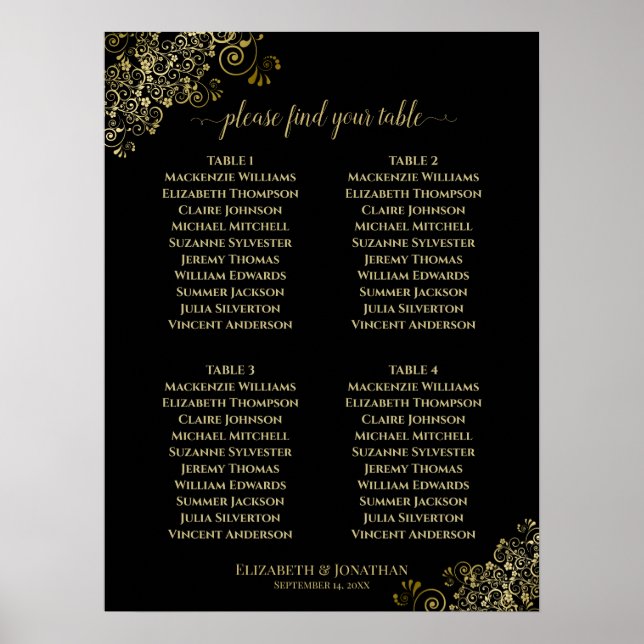 4 Svart Bröllop-sätesdiagram Bord Guld Poster (Framsidan)