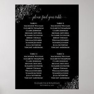4 Svart Bröllop-sätesdiagram Bord Silver Poster