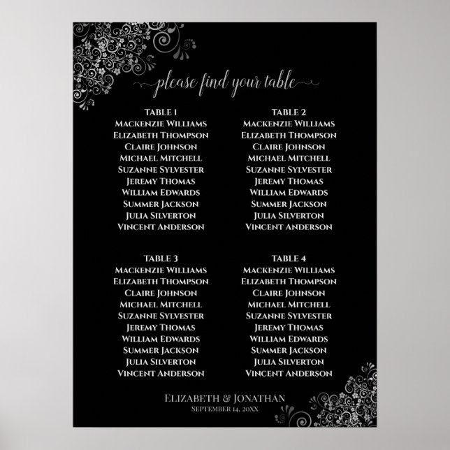 4 Svart Bröllop-sätesdiagram Bord Silver Poster (Framsidan)