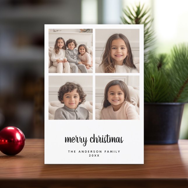 4 Svart fotokollage med minimalt God jul Julkort (Modern Christmas Card with Photos)