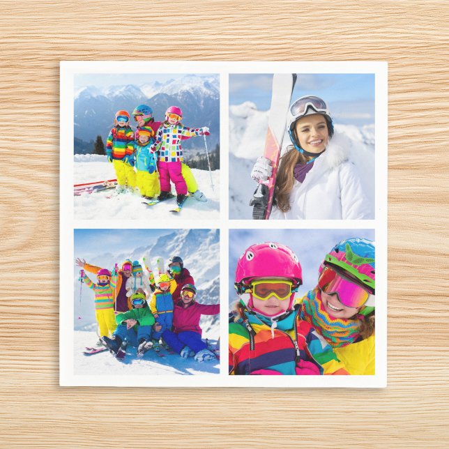 4 Vinterledighet Foto Grid Collage Pappersservett (4 Photo Grid Winter Vacation Photo Collage Napkins)
