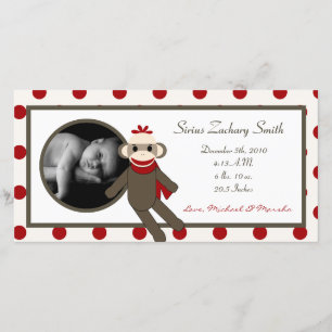 4 x 8 Red Sock monkey Birth Notice Meddelande