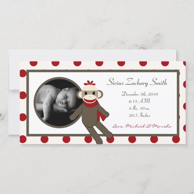 4 x 8 Red Sock monkey Birth Notice Meddelande (Framsida)