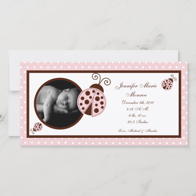 4 x 8 Rosa Ladybug Photo Birth Notice Meddelande (Framsida)