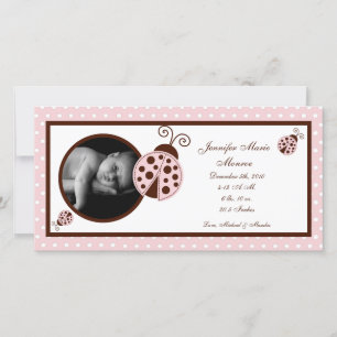 4 x 8 Rosa Ladybug Photo Birth Notice Meddelande