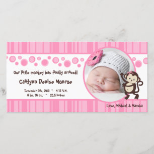 4 x 8 Rosa Pop Monkey Girl Birth Notice Meddelande