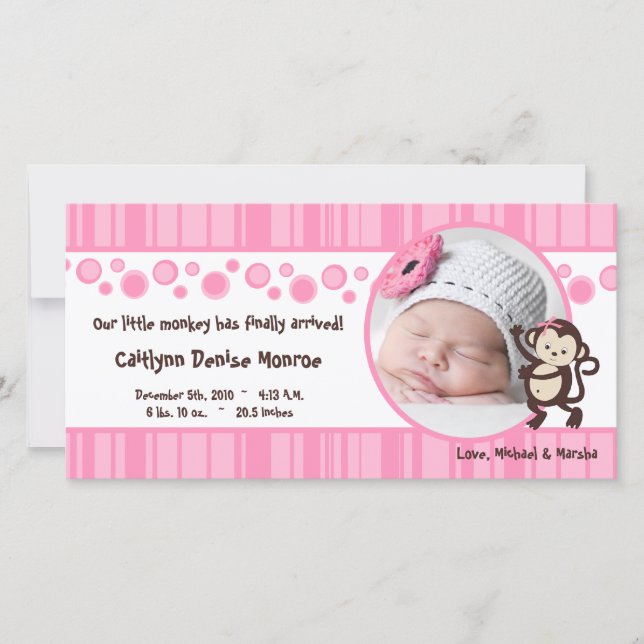 4 x 8 Rosa Pop Monkey Girl Birth Notice Meddelande (Framsida)