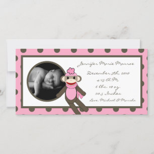 4 x 8 Rosa Sock monkey Birth Notice Meddelande